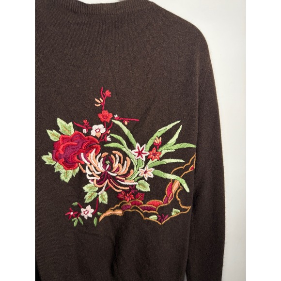 Brown Embroidered Floral Cardigan Sweater Women's Long Sleeve‎ Button Up Med - Picture 5 of 7